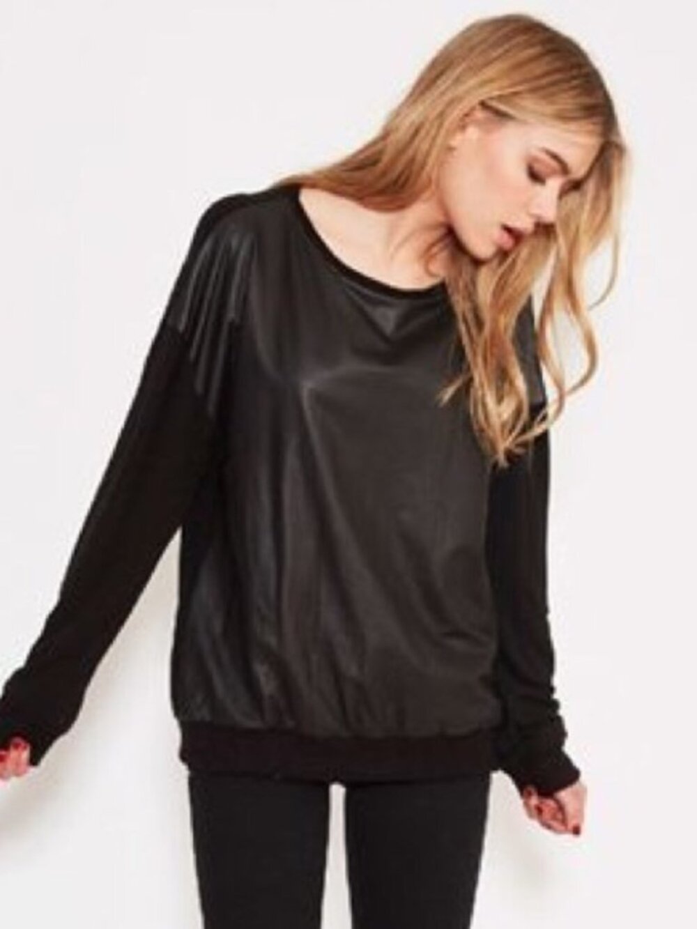 Alice + Olivia Black Dominique Lamb Leather Sweater Top Size M